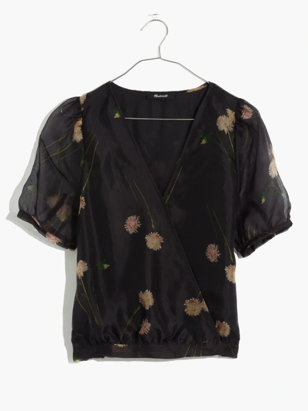 Madewell 100% Silk Organza Puff-Sleeve Floral Wrap Top Sheer Size M